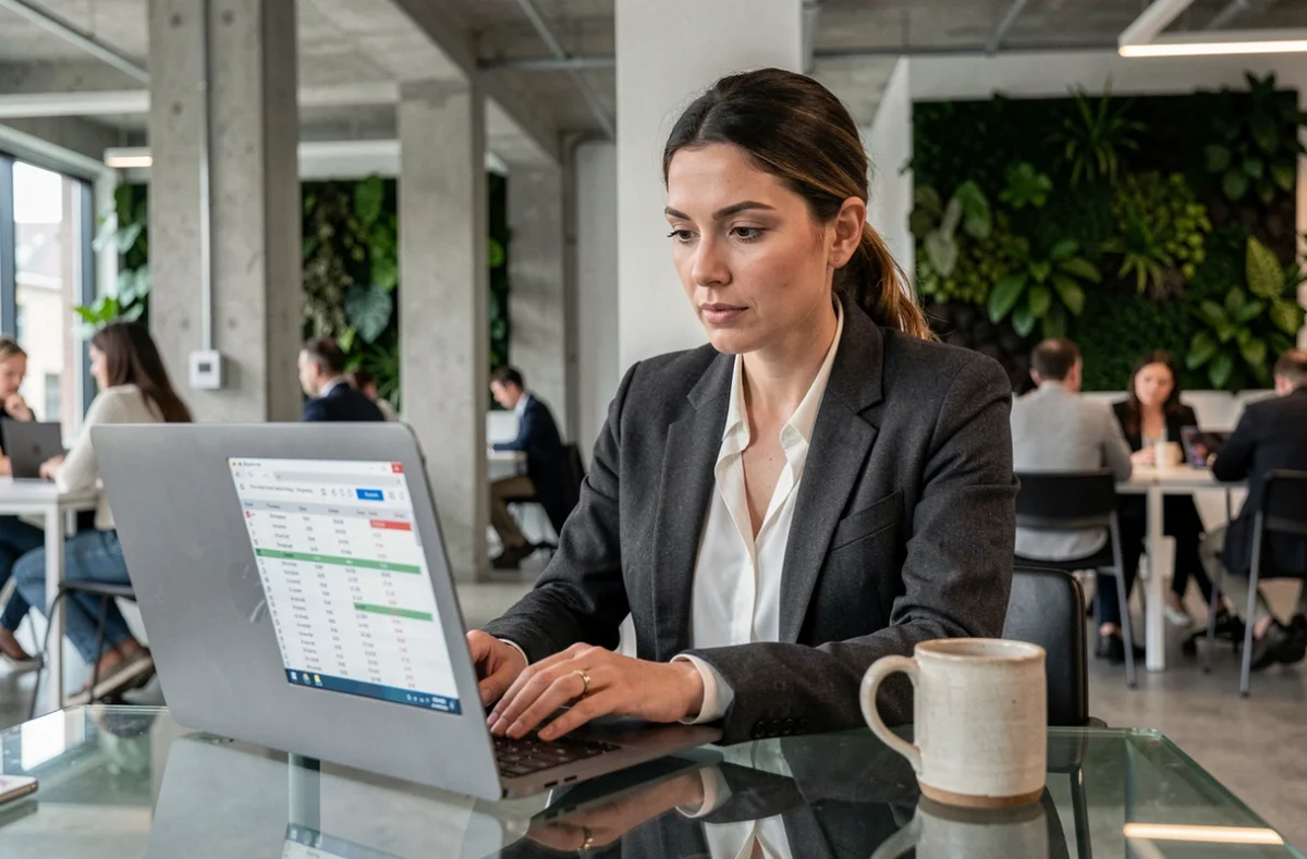 Femme analyste financière consultant des données de dividendes sur ordinateur portable dans un espace de coworking