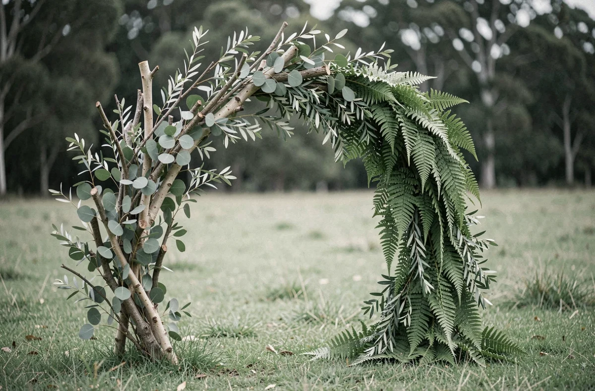 Arche de cérémonie de mariage asymétrique en feuillage naturel avec eucalyptus et fougères en cascade, installée en extérieur dans un pré