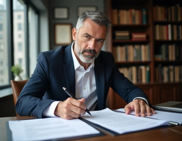 Avocat spécialisé en immobilier examinant des documents juridiques relatifs à un vice caché dans son bureau