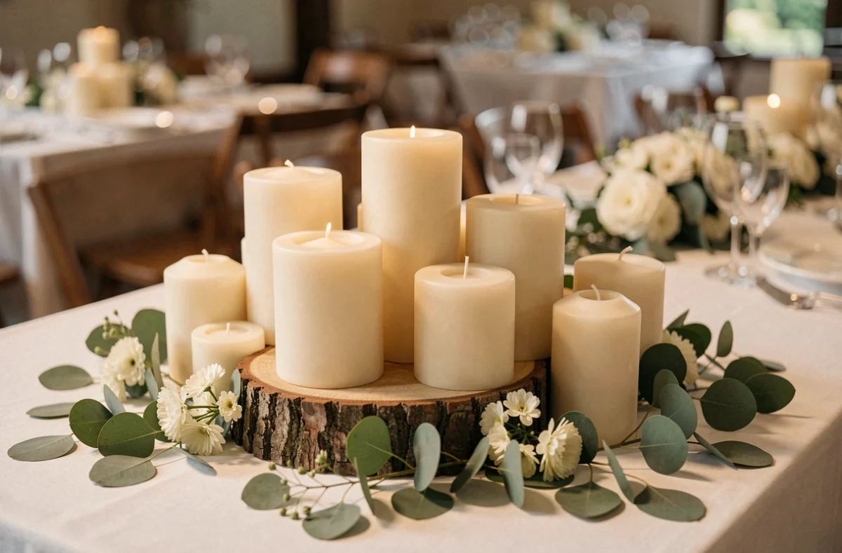 Bougies piliers ivoire regroupées en îlots de différentes hauteurs sur une table de mariage, entourées d'eucalyptus et de petites fleurs crème