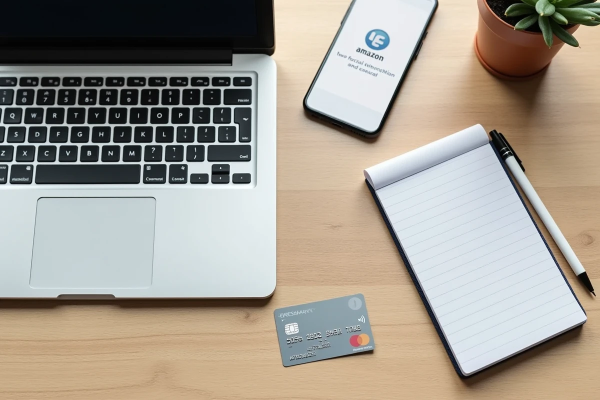 Vue aérienne d'un bureau avec une carte bancaire, un ordinateur portable et un smartphone illustrant la sécurité du paiement en ligne sans cryptogramme sur Amazon