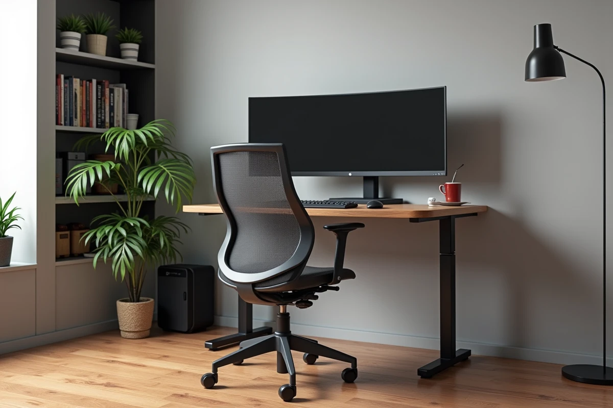 Bureau à domicile moderne avec bureau assis-debout, écran large et purificateur d'air pour un espace de travail ergonomique