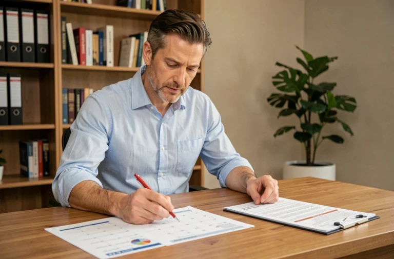 Homme consultant un calendrier de versement de dividendes dans un bureau à domicile moderne