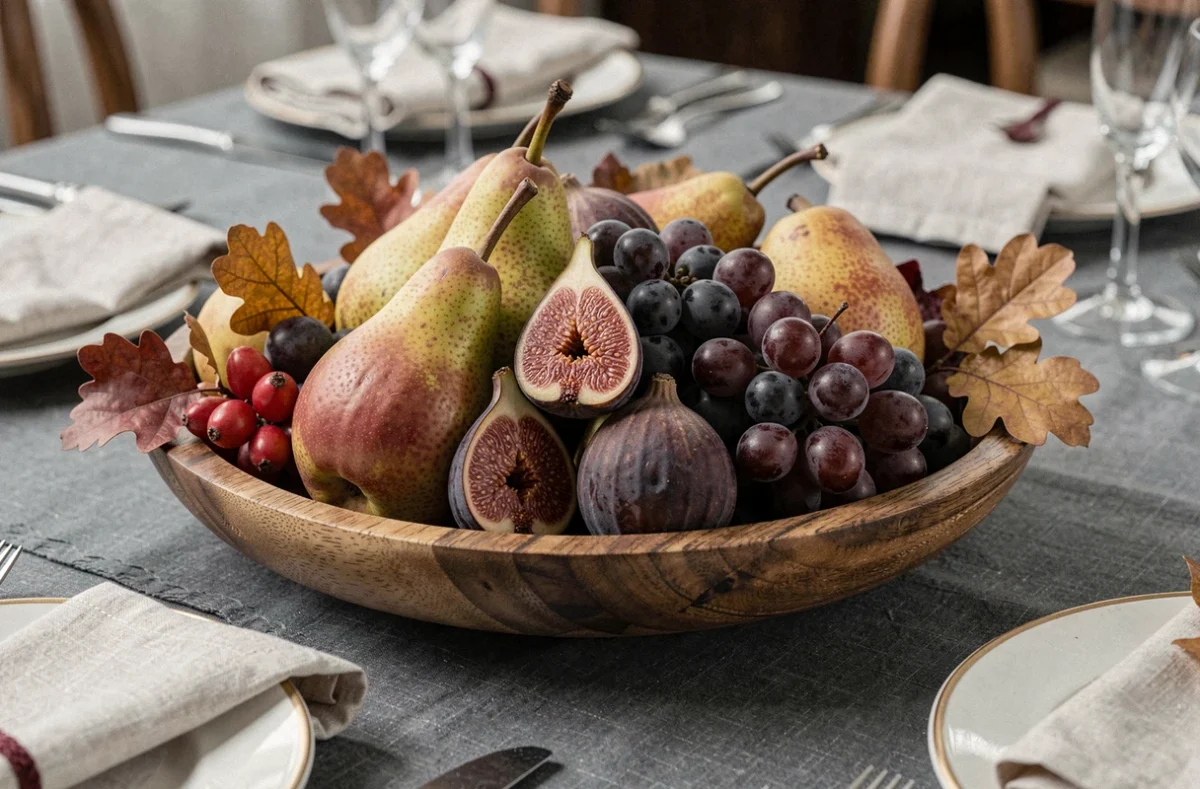 Centre de table de mariage composé de fruits de saison comme des poires, figues et raisins disposés dans un bol en bois sur nappe grise