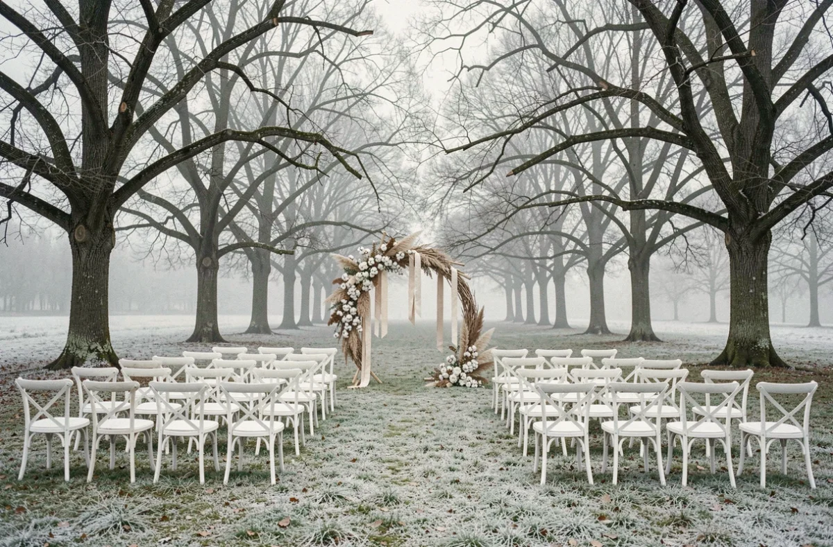 Espace cérémonie de mariage extérieur hors saison avec rangées de chaises blanches sur herbe givrée sous des chênes aux branches nues