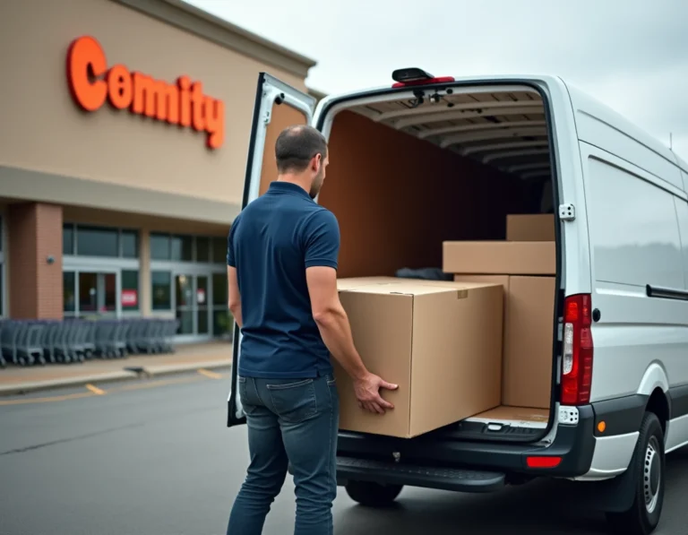 Homme chargeant des meubles en carton dans une camionnette de location blanche devant un magasin Conforama