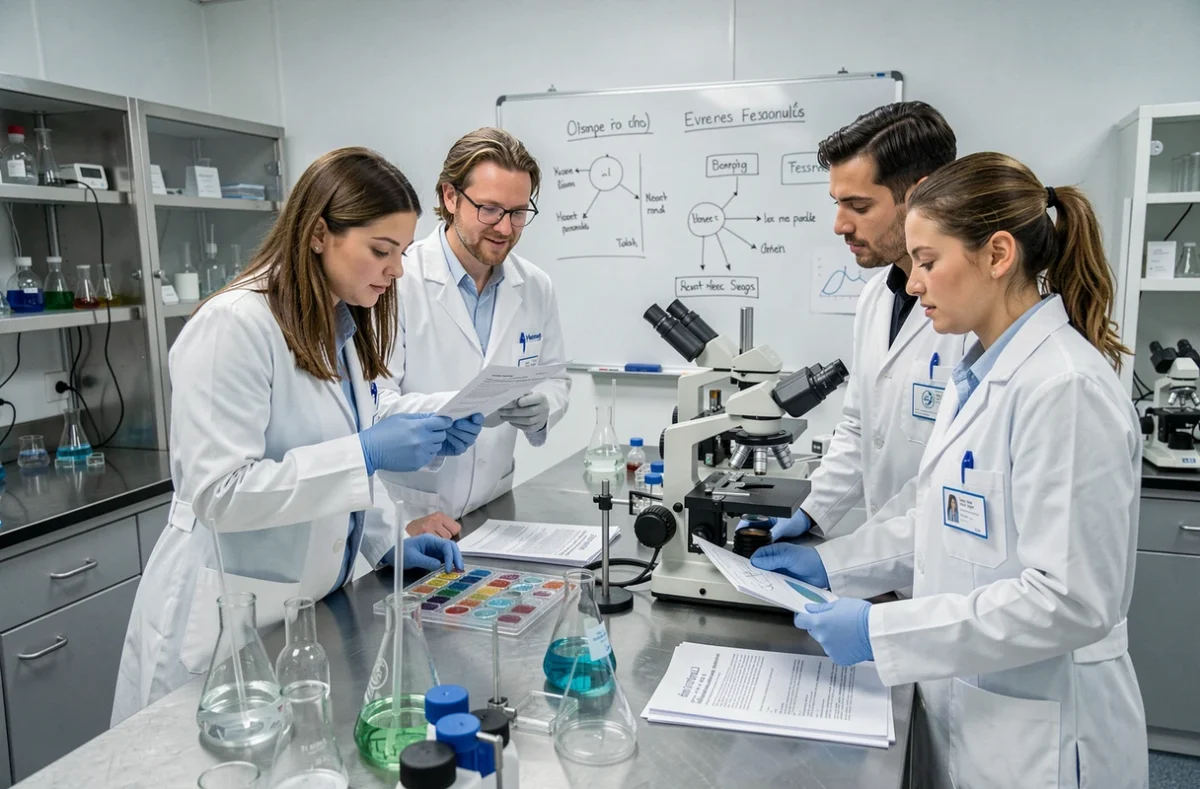Équipe de chercheurs médicaux analysant des données scientifiques dans un laboratoire biomédical français