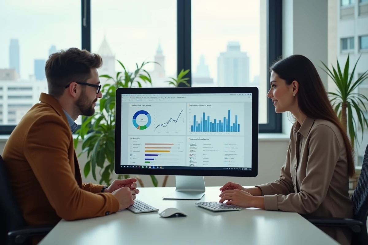 Deux professionnels collaborant devant un écran affichant des données analytiques pour trouver des informations fiables et booster leur business en ligne