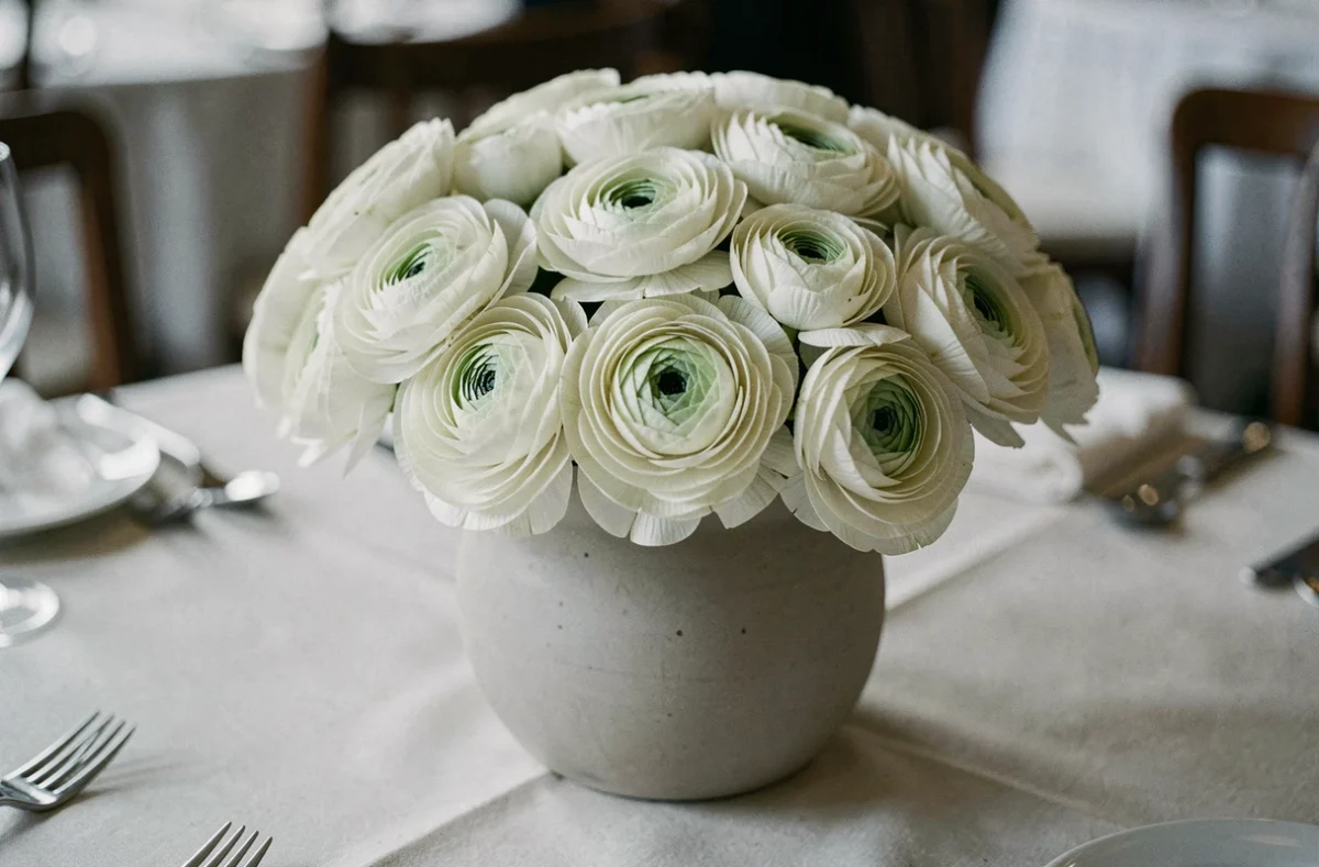Composition florale mono-variété en renoncules blanches locales disposées dans un vase en céramique matte sur une table de mariage