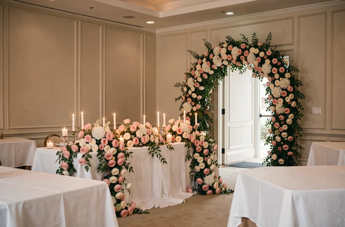 Intérieur de réception de mariage concentrant la décoration sur deux zones clés : table d'honneur fleurie et arche d'entrée, le reste restant épuré