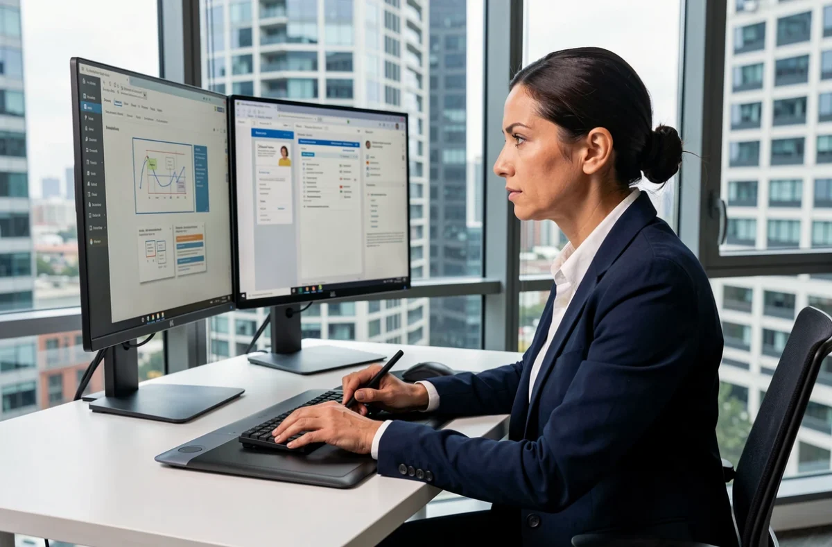 Consultante en agence digitale travaillant sur des wireframes et outils de gestion de projet pour une transformation numérique d'entreprise