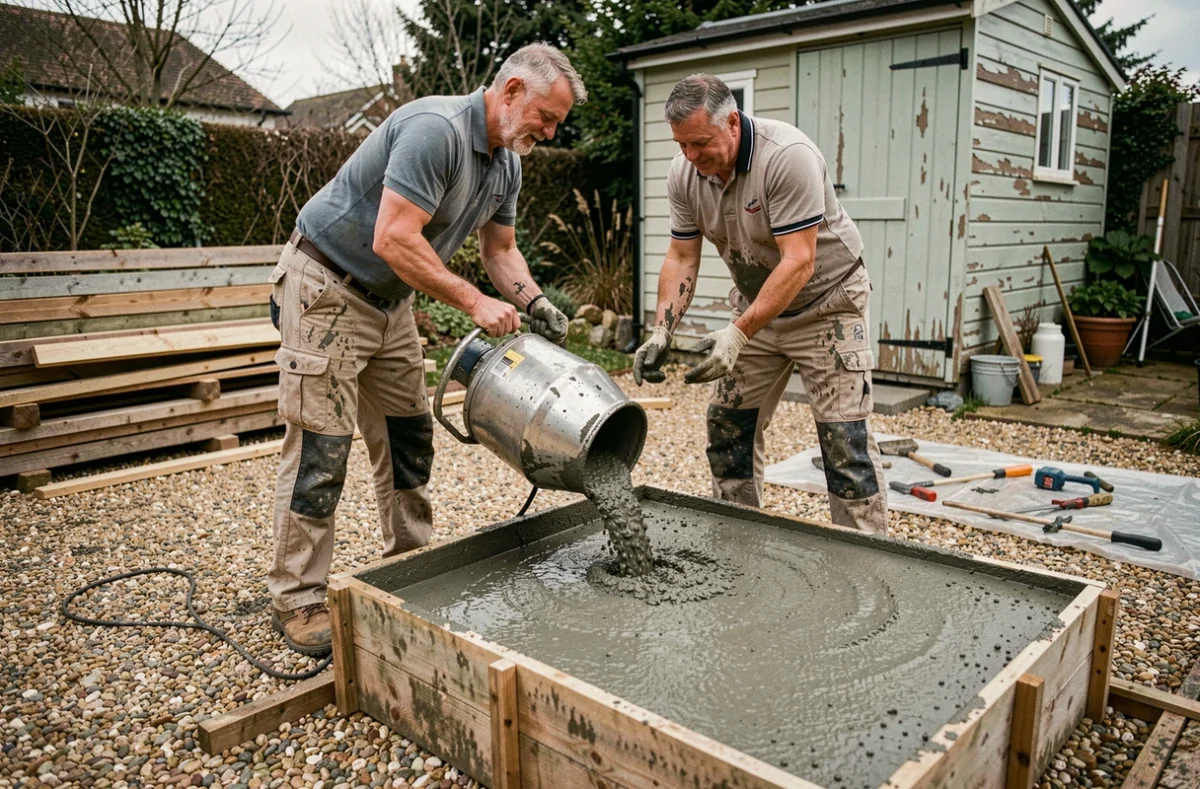 Deux ouvriers coulant du béton dans un coffrage en bois pour l'aménagement d'une terrasse de jardin