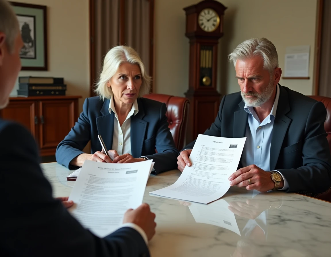 Couple d'acheteurs immobiliers discutant d'un vice caché avec un notaire autour d'un contrat de vente
