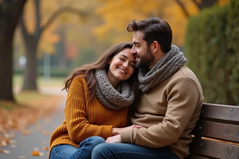 Couple amoureux sur un banc de parc en automne, partageant un moment de tendresse et de complicité romantique