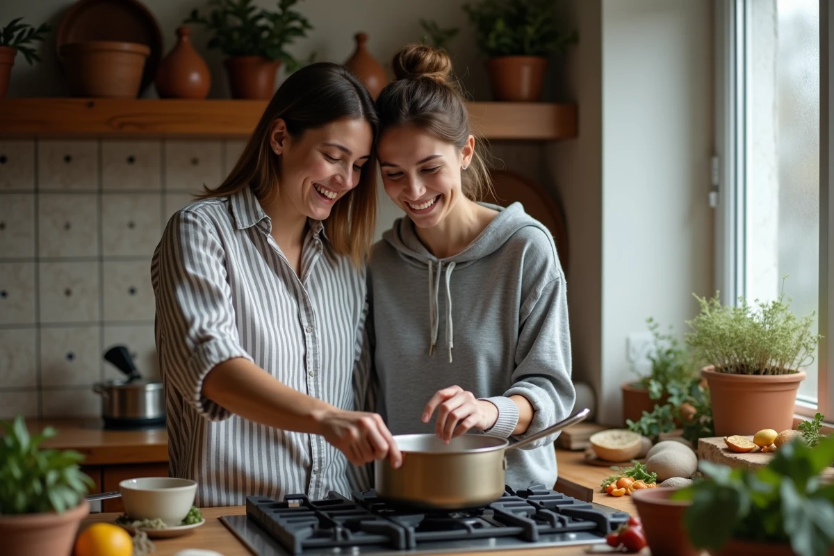 Couple complice cuisinant ensemble à la maison, riant et partageant un moment de vie intime et affectueux