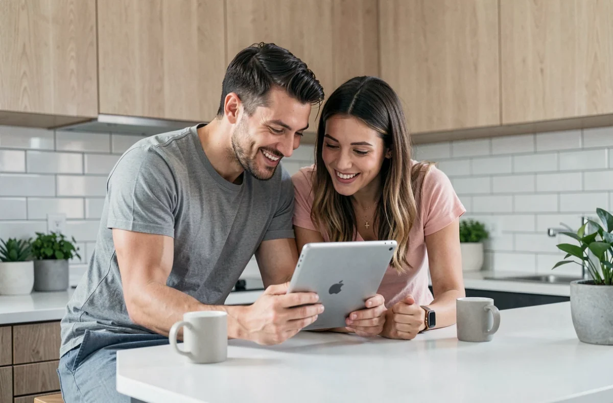 Couple complice parcourant ensemble un guide sur les sex-toys et la sexualité épanouie sur une tablette dans une cuisine moderne