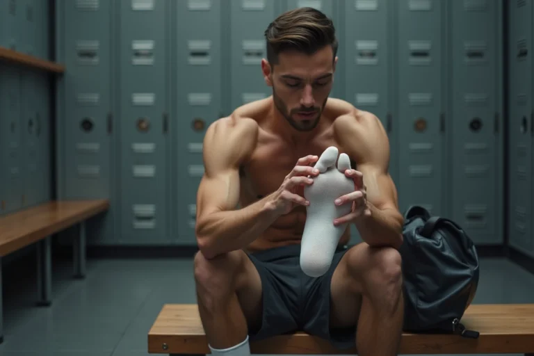 Coureur examinant la corne sous son pied dans un vestiaire sportif après l'entraînement