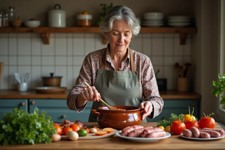 Femme en tablier remuant rougail saucisse dans une cuisine chaleureuse