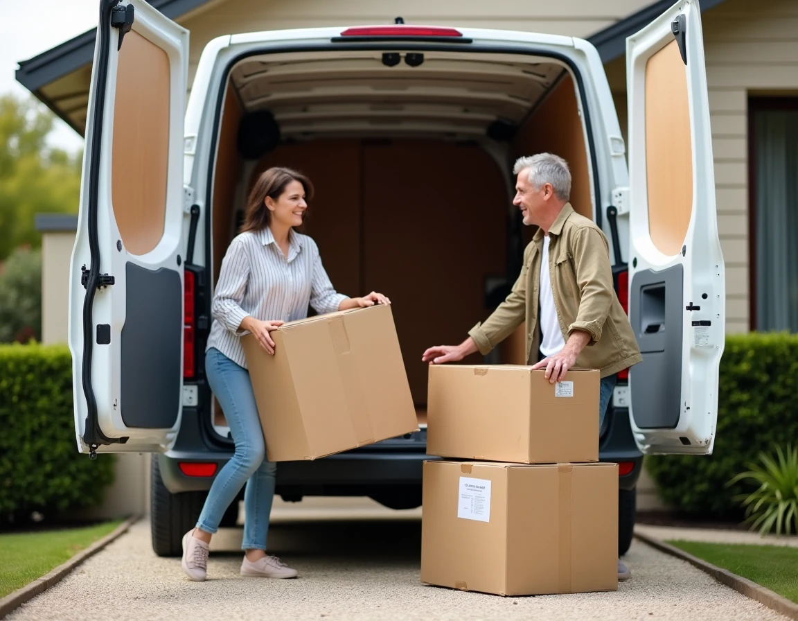 Couple déchargeant des meubles depuis une camionnette de location devant leur maison après un achat Conforama