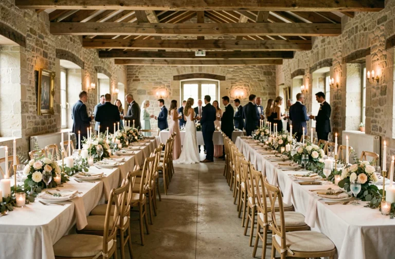 Vue d'ensemble d'une salle de réception de mariage élégamment décorée avec fleurs, bougies et verdure sur de longues tables dressées