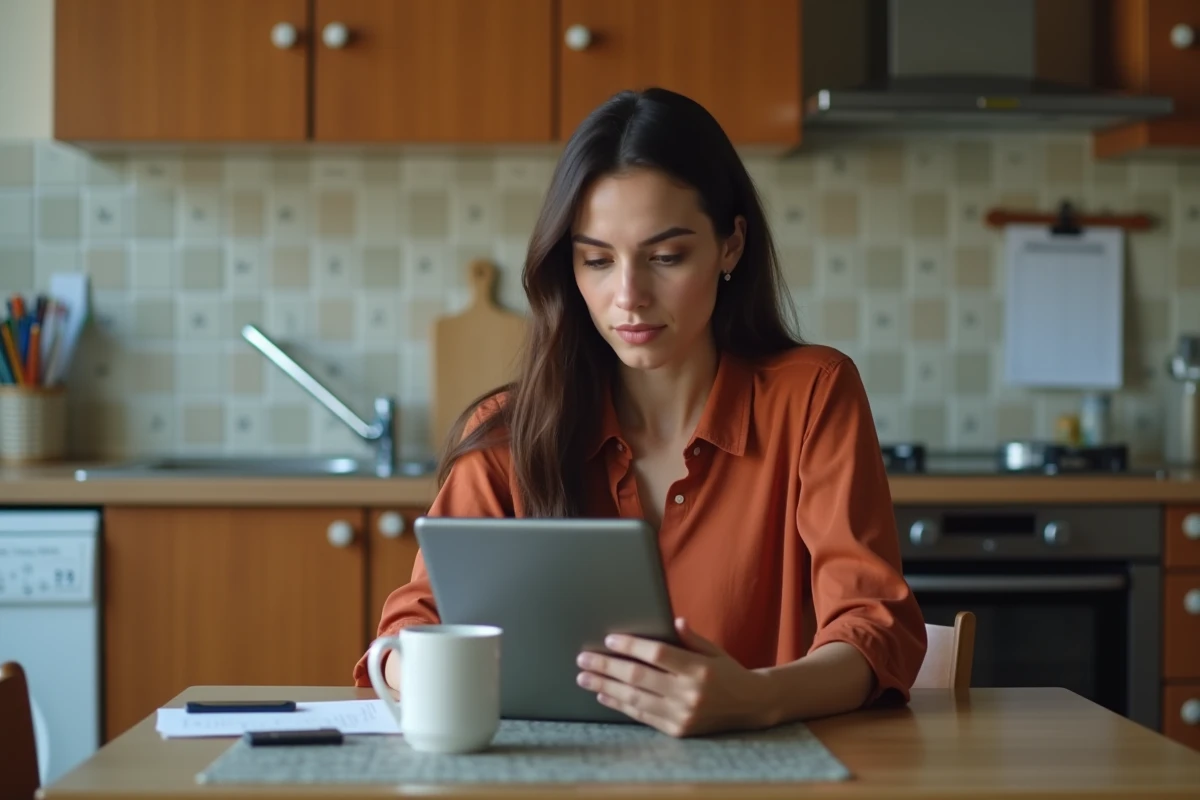 Une jeune enseignante consultant le portail Arena Amiens sur une tablette depuis son domicile