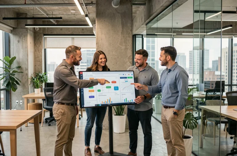 Équipe digitale analysant des tableaux de bord numériques dans une agence moderne pour accélérer la transformation numérique