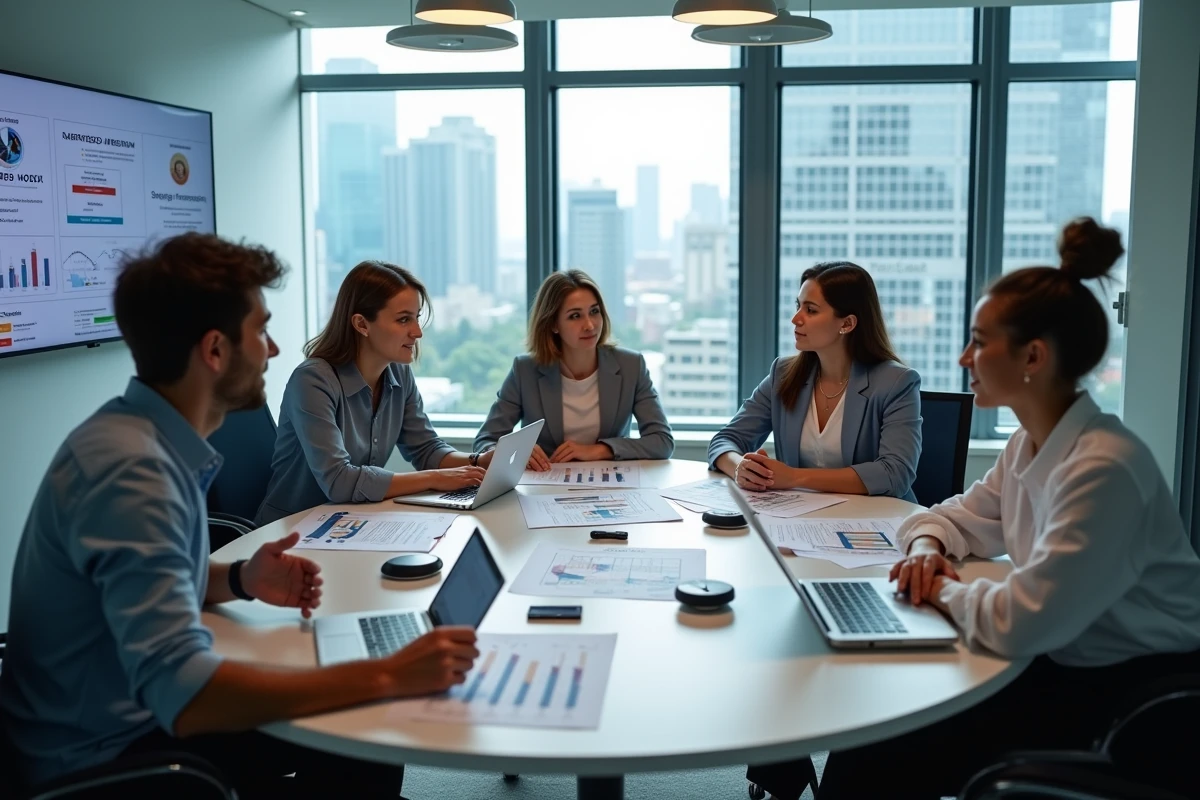 Équipe de professionnels en réunion de stratégie autour de frameworks d'innovation disruptive et de prototypes technologiques