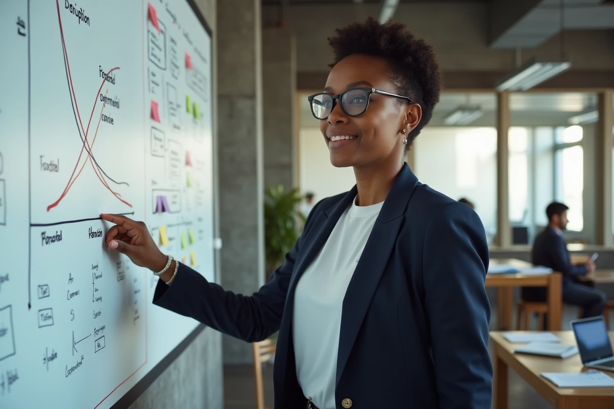 Femme experte en innovation présentant une courbe de disruption sur un tableau blanc dans un laboratoire d'innovation moderne