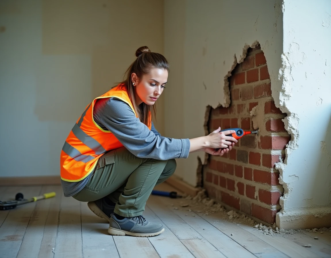 Inspectrice en bâtiment analysant un mur fissuré et humide lors d'une expertise de vice caché dans une maison