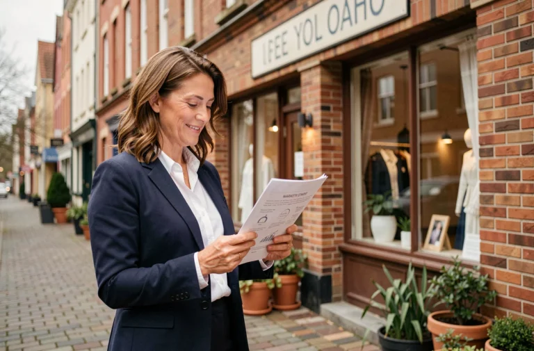 Femme d'affaires devant sa boutique locale consultant une stratégie de marketing partenariat Noventrispro