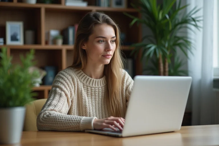 Femme concentrée utilisant son ordinateur pour ses finances