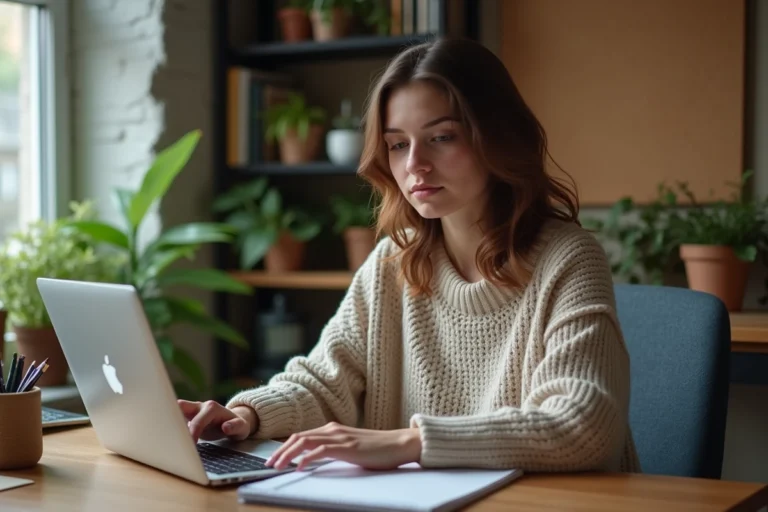 Jeune femme au bureau à domicile en train de travailler