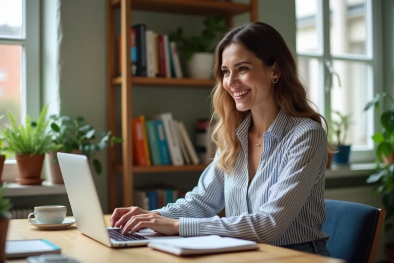 Femme au bureau à domicile travaillant sur son ordinateur