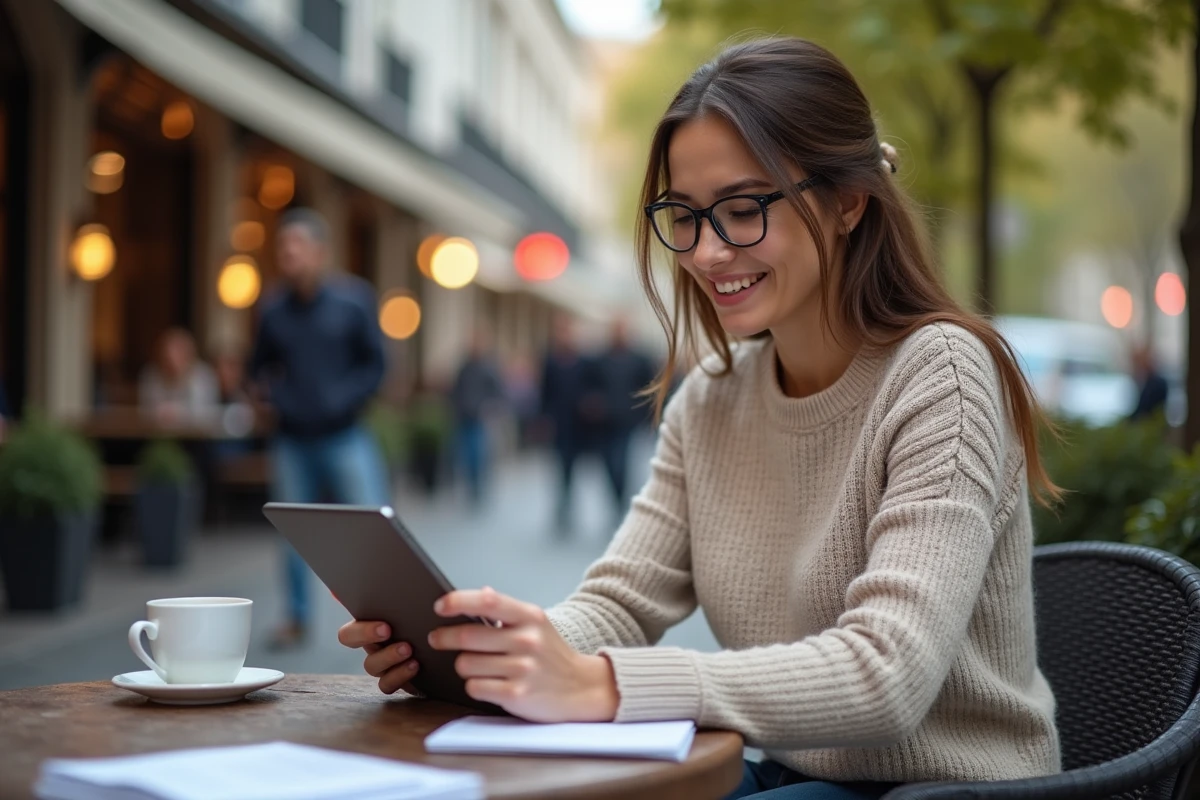 Jeune femme entrepreneure au café en terrasse