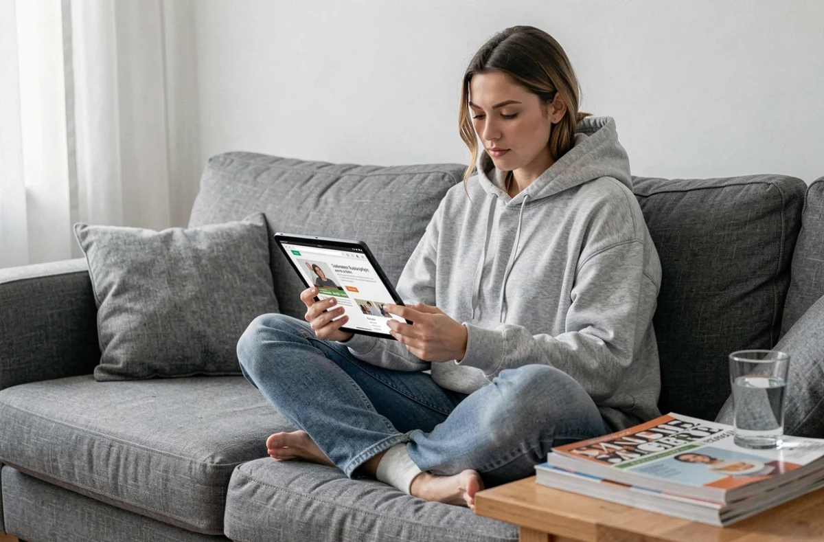 Jeune femme sur un canapé comparant abonnement numérique et magazines papier Psychologies