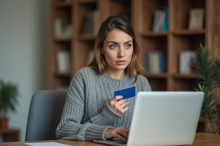 Femme tenant une carte bancaire devant un ordinateur affichant une page de paiement en ligne, illustrant la sécurité des achats sur Amazon