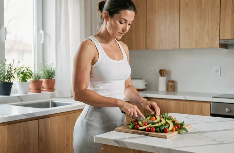 Femme en tenue sportive préparant une salade équilibrée dans une cuisine moderne pour favoriser la minceur au quotidien