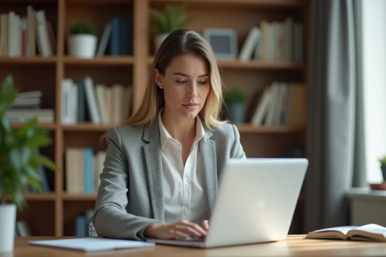 Femme entrepreneur consultant des sources d'informations fiables sur son ordinateur portable dans un bureau à domicile moderne