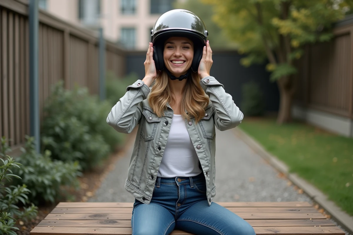 Femme souriante essayant un casque moto en extérieur sur un banc