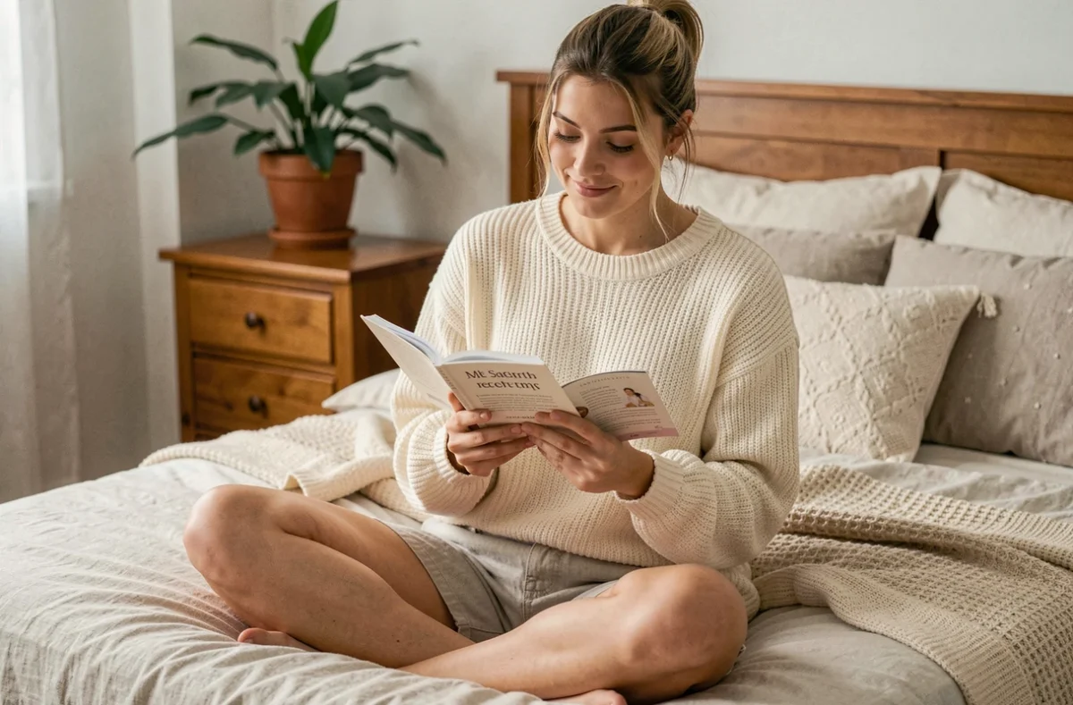 Jeune femme lisant un guide sur les sex-toys et le bien-être intime, assise sur son lit dans une chambre cosy et chaleureuse