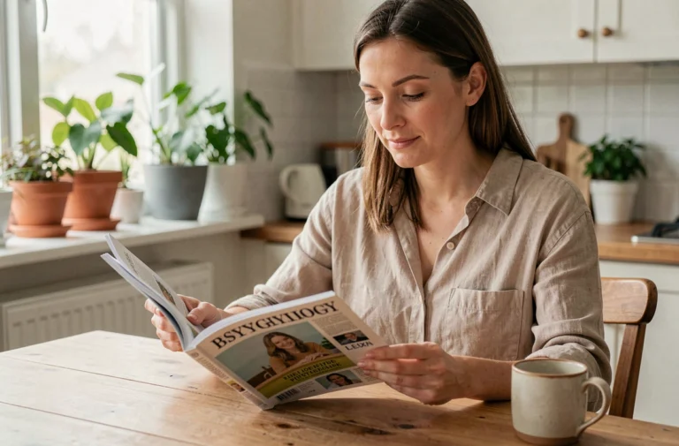 Femme feuilletant un magazine de psychologie à table, comparant abonnement et achat à l'unité
