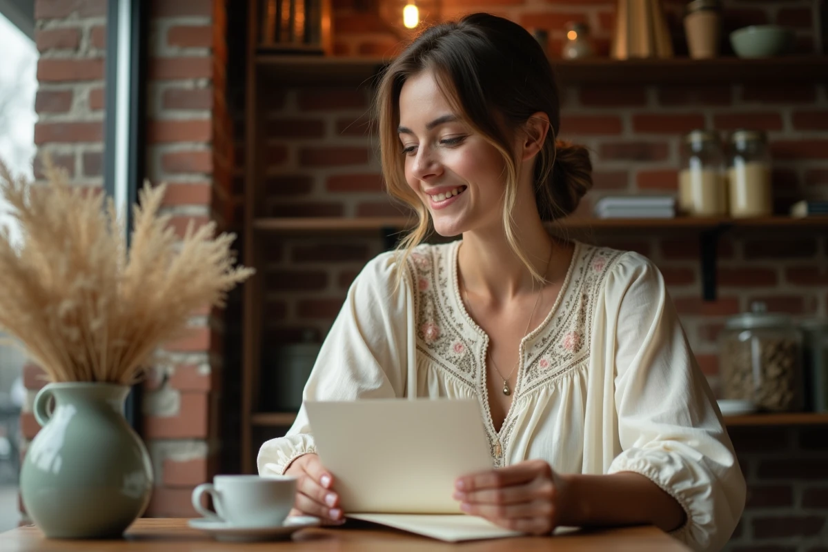 Femme souriante lisant un mot doux manuscrit dans un café vintage, évoquant les mots tendres utilisés en amour