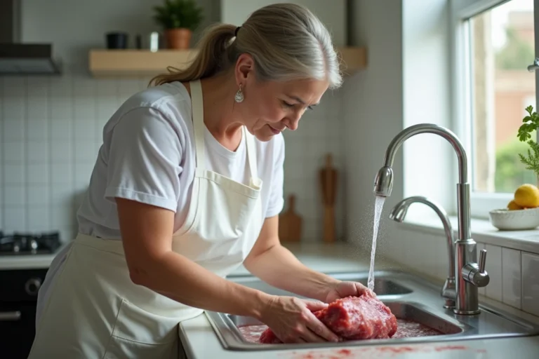 Femme en tablier blanc nettoyant une langue de boeuf dans la cuisine