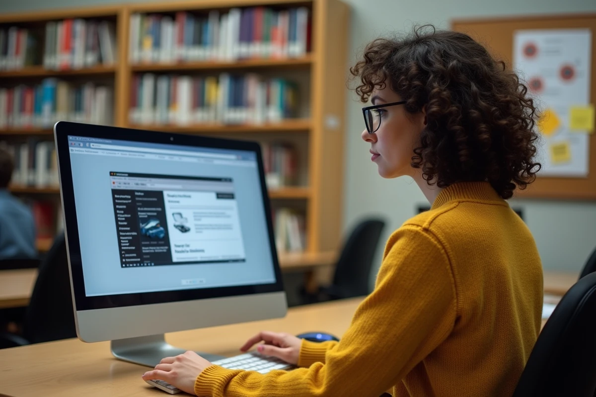 Femme en bibliothèque compare logiciels auto sur ordinateur
