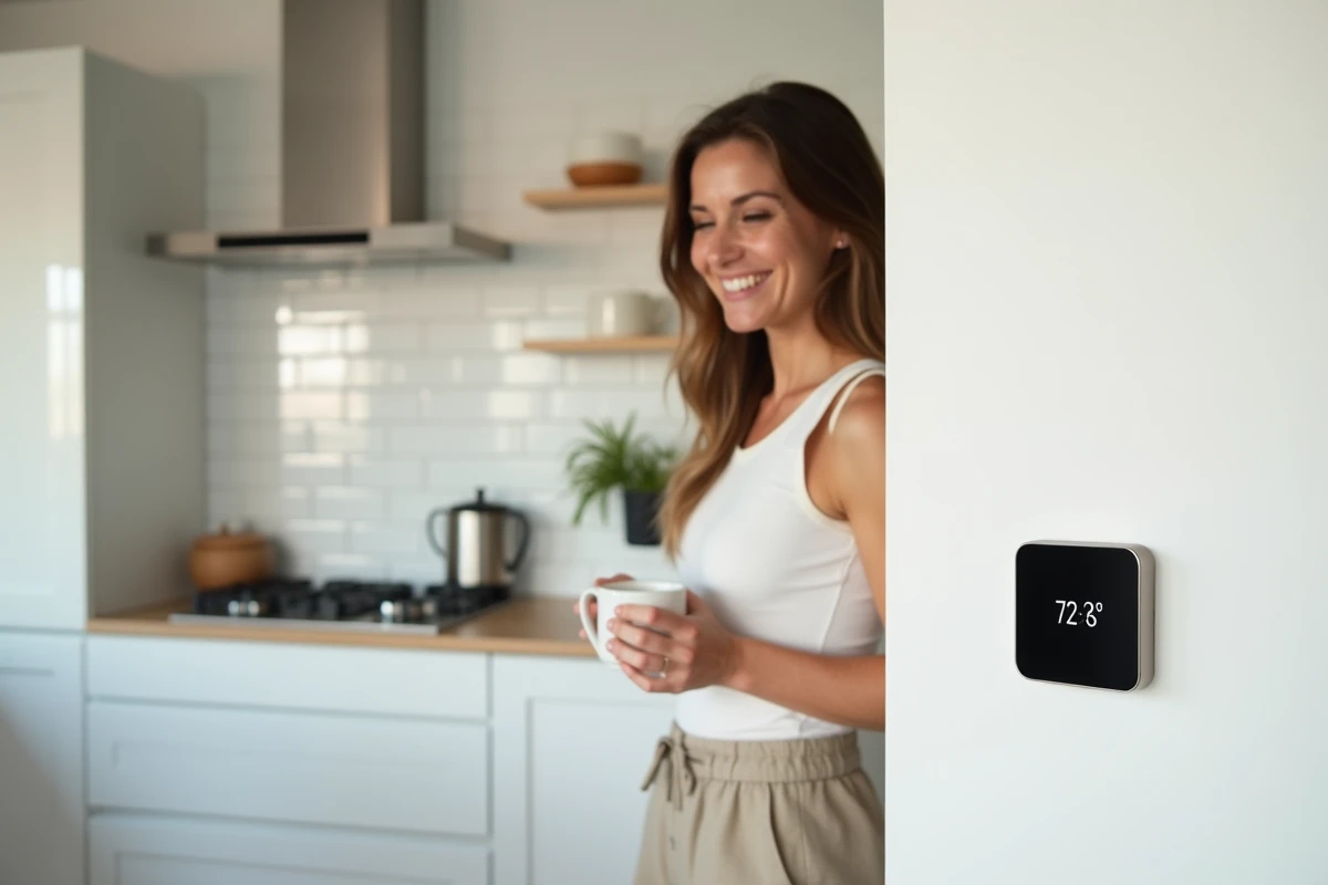 Femme ajustant un thermostat connecté dans une cuisine moderne de style scandinave