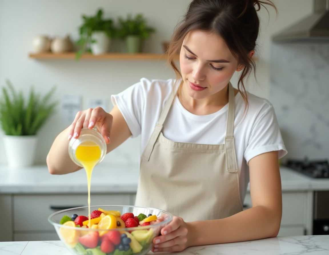 Femme versant du jus de citron sur une salade de fruits dans une cuisine moderne au style scandinave