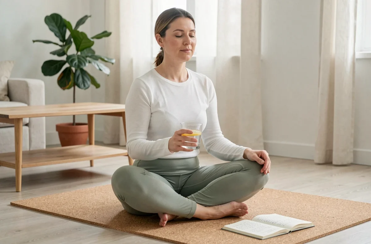 Femme pratiquant le yoga et la pleine conscience à la maison avec un verre d'eau citronnée, routine bien-être pour la minceur durable