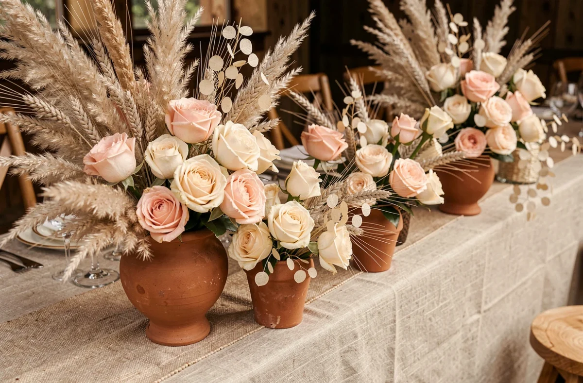 Table d'honneur de mariage décorée d'un mélange de fleurs fraîches roses et de fleurs séchées en herbes de la pampa dans des vases en terre cuite