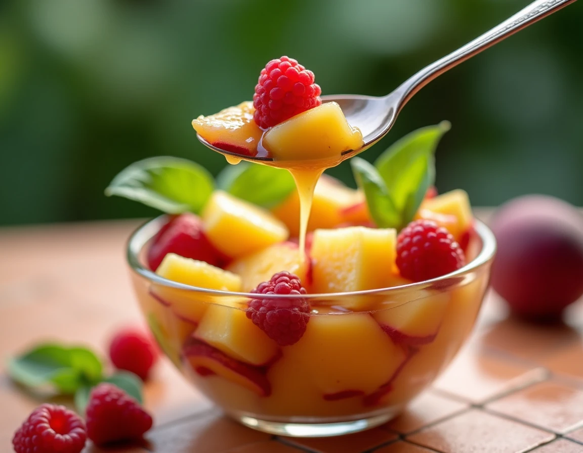 Gros plan d'une cuillère de salade de fruits tropicaux avec des gouttes de jus de fruits de la passion et citron vert