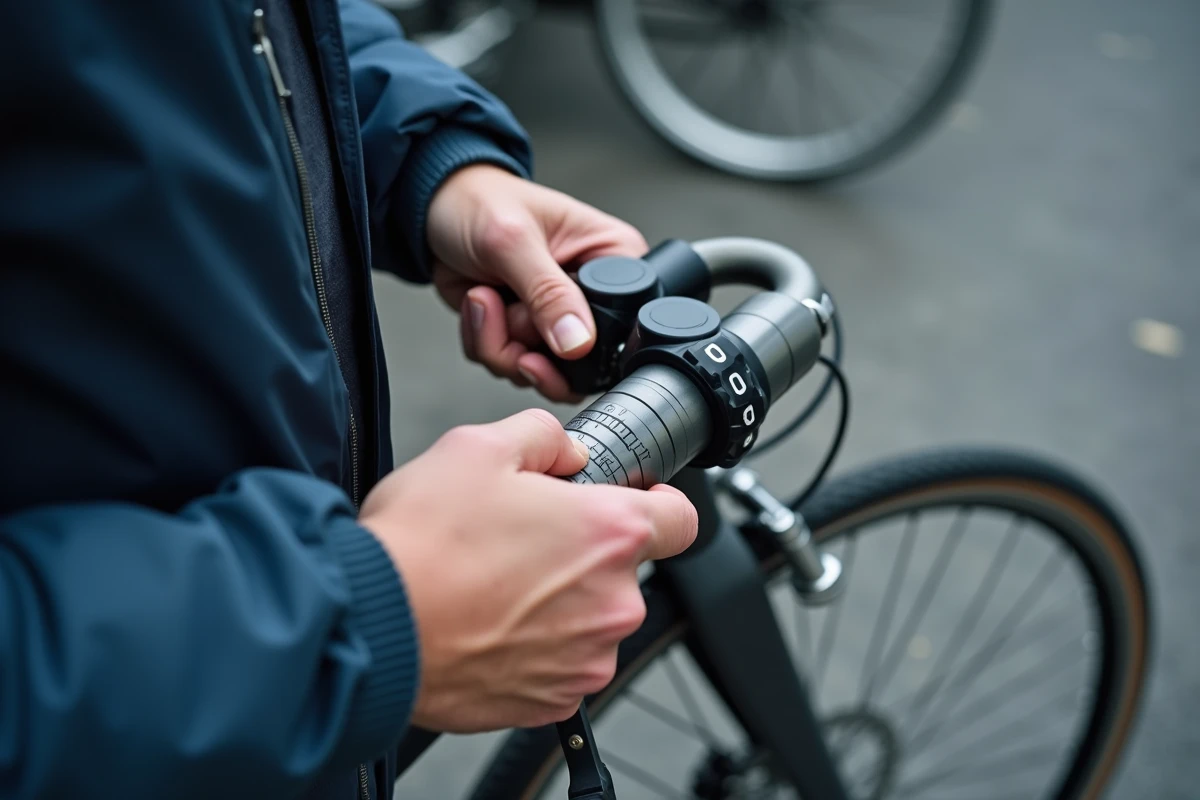 Gros plan sur les mains réglant les chiffres d'un antivol vélo Decathlon à cadenas à combinaison